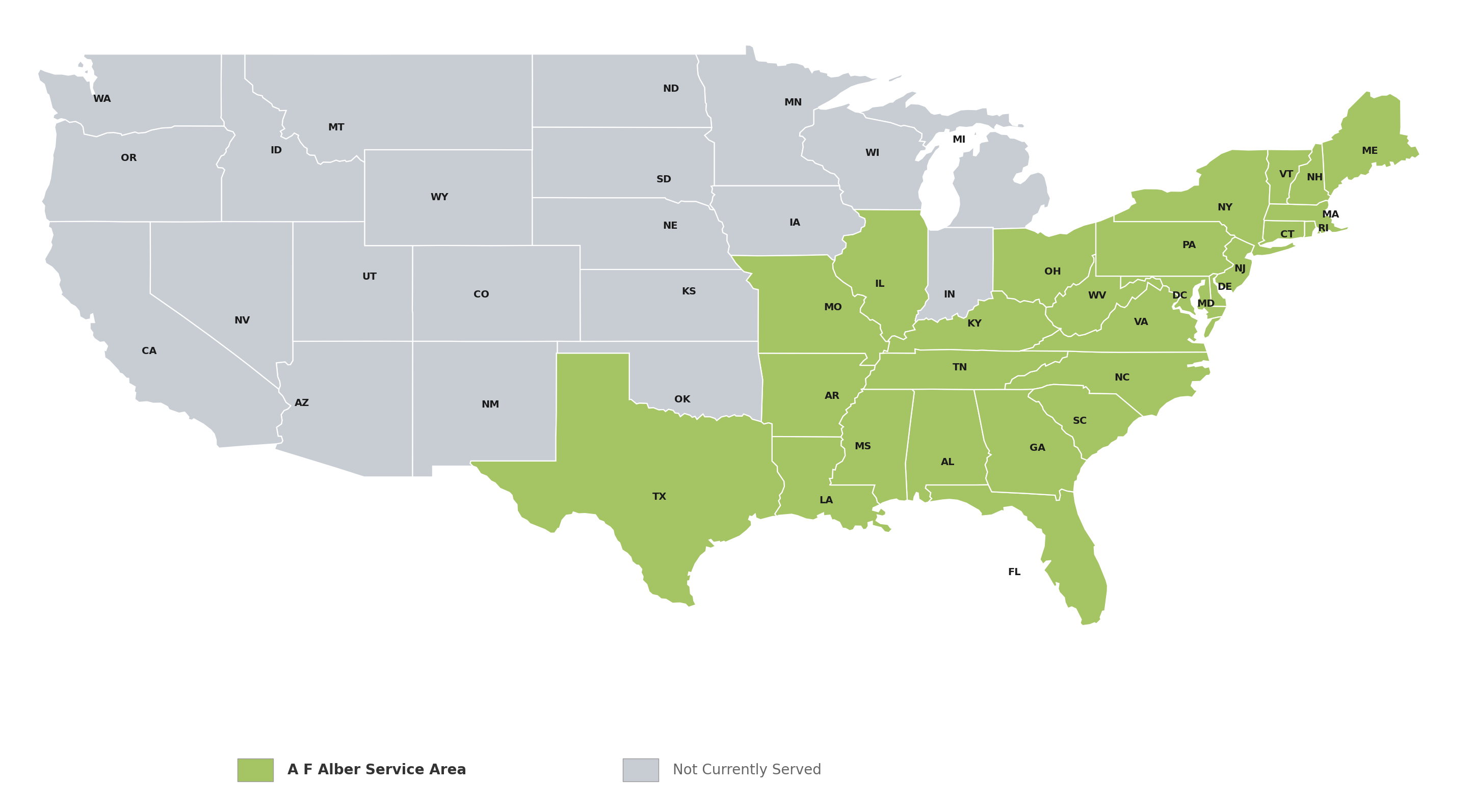 Map showing A F Alber service area across 26 states in the eastern United States